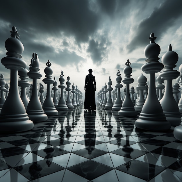 Sicht auf Schachfiguren mit dramatischem und mystischem Hintergrund