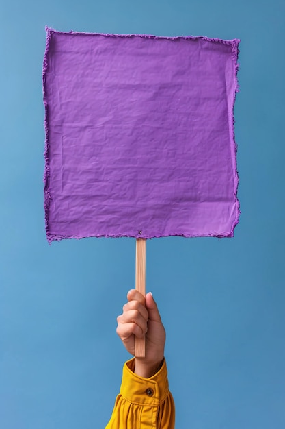 Kostenloses Foto sicht einer person, die ein leeres lila plakat für den frauentag hält