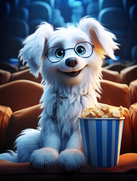 Sicht von 3D-Hund im Kino, der einen Film sieht