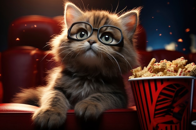 Sicht von 3D-Katze im Kino, die einen Film sieht