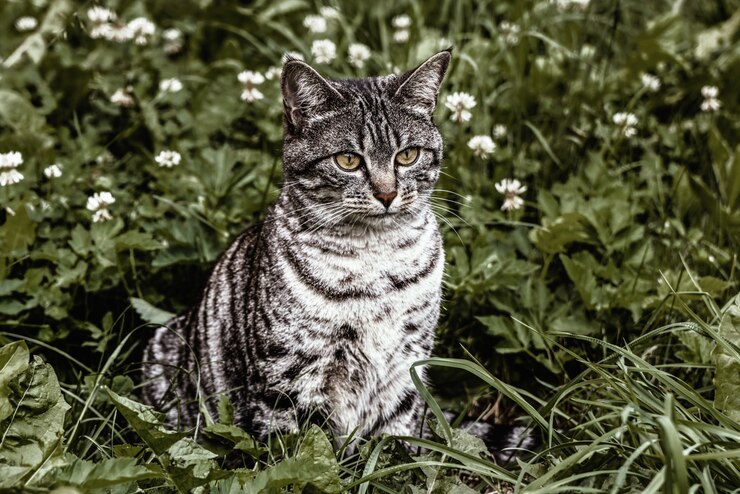 Silberne Katze auf grünen Gräsern
