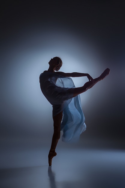 Silhouette der schönen Ballerina, die mit Schleier auf dunkelblauem Hintergrund tanzt