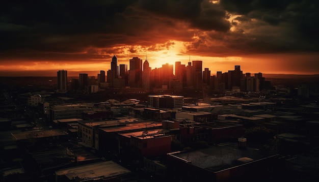 Silhouette der Skyline der Stadt in der Abenddämmerung mit Hintergrundbeleuchtung, generiert durch KI