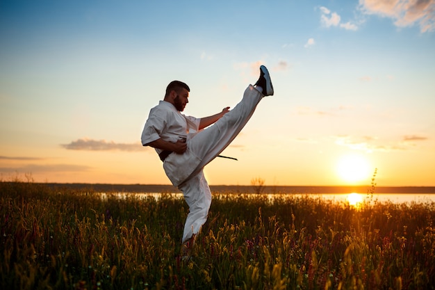 Silhouette des sportlichen Mannes, der Karate im Feld bei Sonnenaufgang trainiert.