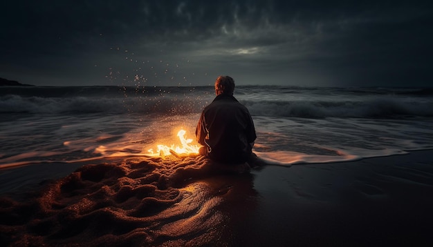 Silhouette, die an einer ruhigen, von KI generierten Szene am Ufer meditiert