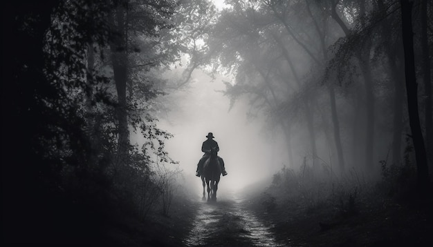 Kostenloses Foto silhouette, die durch einen gruseligen wald im nebel geht, generative ki