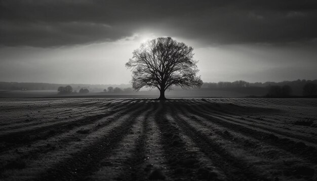 Silhouette eines alten Baums auf einer Wiese, generiert von KI