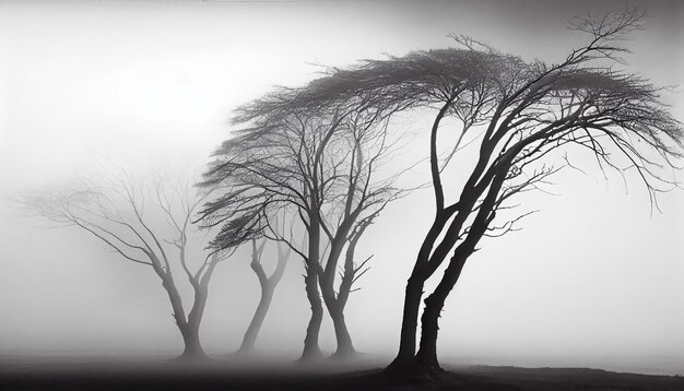 Silhouette eines Baumes in gespenstischer, nebliger Landschaft, generative KI