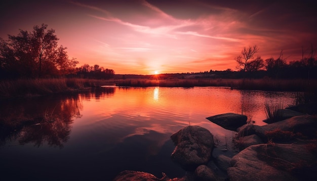 Silhouette eines Baums, der von einem tropischen Sonnenuntergang beleuchtet wird, der von KI generiert wird