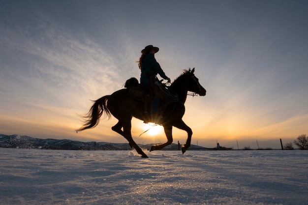 Silhouette eines Cowgirls auf einem Pferd