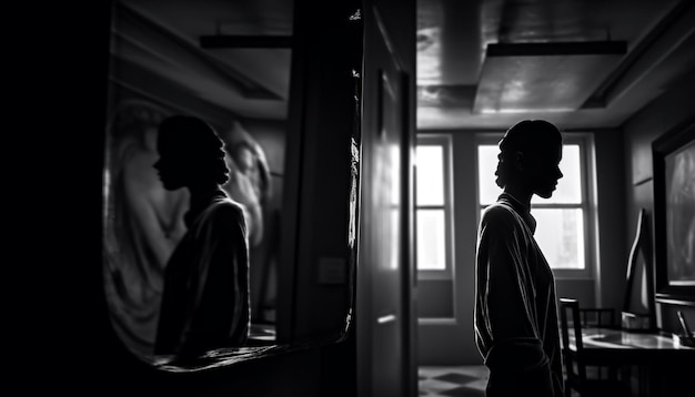 Kostenloses Foto silhouette eines einsamen geschäftsmannes, der die von ki generierte nachtreflexion beobachtet