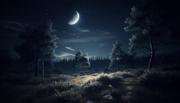 Silhouette eines Kiefernbaums im dunklen Wald unter einem sternenreichen Himmel, erzeugt durch künstliche Intelligenz
