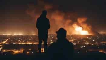 Kostenloses Foto silhouette eines mannes, der nachts vor einer brennenden stadt steht