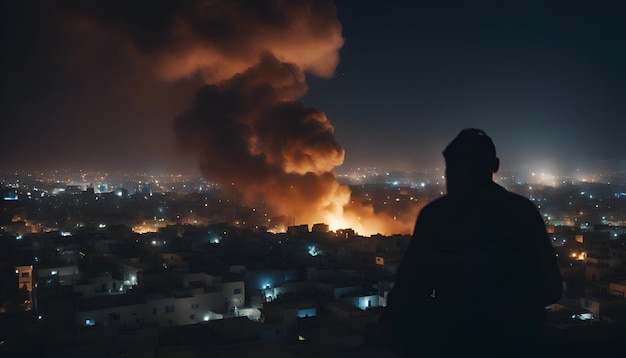 Kostenloses Foto silhouette eines mannes vor dem hintergrund der stadt in der nacht