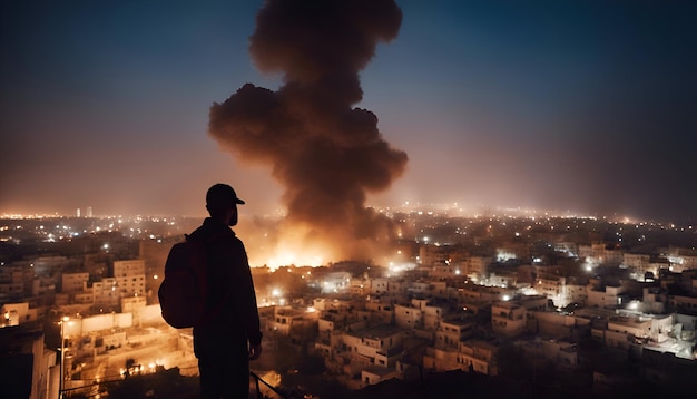 Kostenloses Foto silhouette eines mannes vor einer brennenden stadt in der nacht