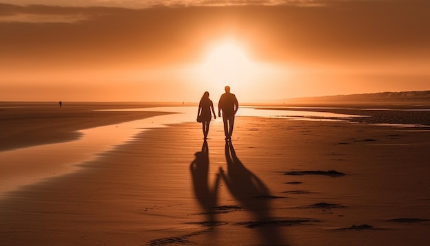 Silhouette eines Paares, das bei Sonnenuntergang am Strand spazieren geht, generiert von KI