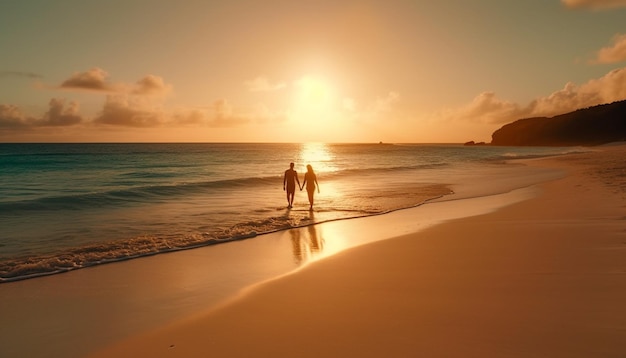 Silhouette eines Paares, das bei Sonnenuntergang am Ufer des Wassers spazieren geht, generiert von KI