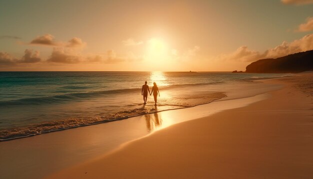 Silhouette eines Paares, das bei Sonnenuntergang am Ufer des Wassers spazieren geht, generiert von KI