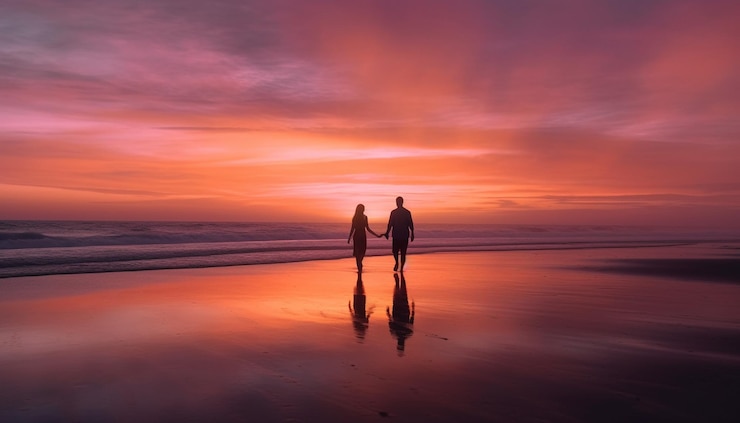 Kostenlose Foto silhouette eines paares, das bei sonnenuntergang händchen hält, generiert von ki