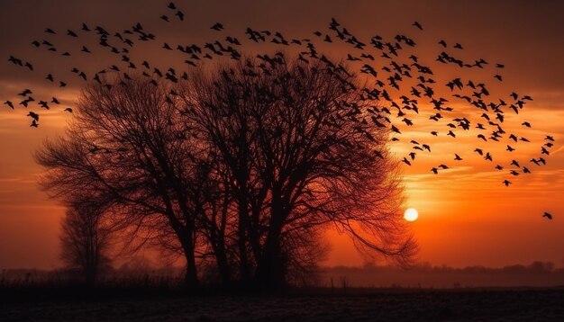 Silhouette großer Tiere, die in der Dämmerung fliegen, generiert von KI