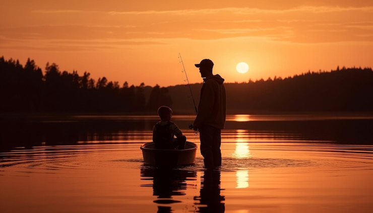 Kostenlose Foto silhouetten verbinden sich über nautische verfolgung bei sonnenaufgang, die von ki generiert wird