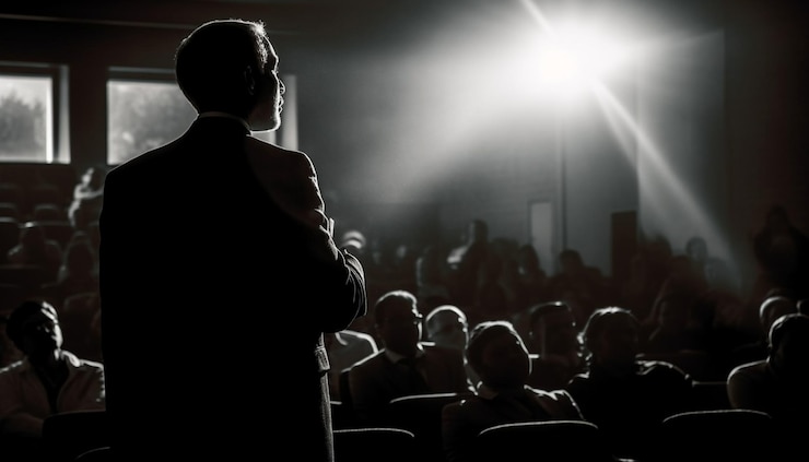 Kostenlose Foto silhouetten von geschäftsleuten, die in einem von ki generierten auditorium mit hintergrundbeleuchtung applaudieren