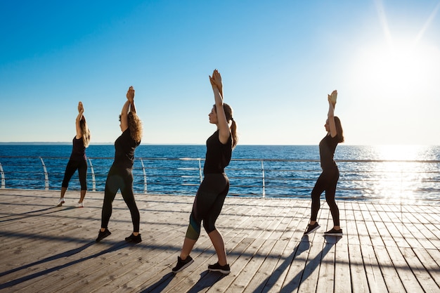 Silhouetten von sportlichen Frauen, die zumba nahe Meer bei Sonnenaufgang tanzen