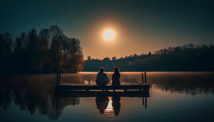 Kostenlose Foto silhouettenpaar, das bei sonnenuntergang auf einem steg sitzt, generiert von ki