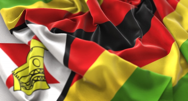 Simbabwe-Flagge gekräuselt schön Winken Makro Nahaufnahme Shot