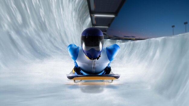 Skeleton Sport Bobsled Luge Der Athlet fährt mit einem Schlitten auf einer Eisbahn hinab