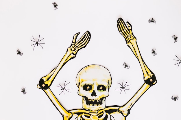 Kostenloses Foto skelett mit händen, umgeben von spinnen