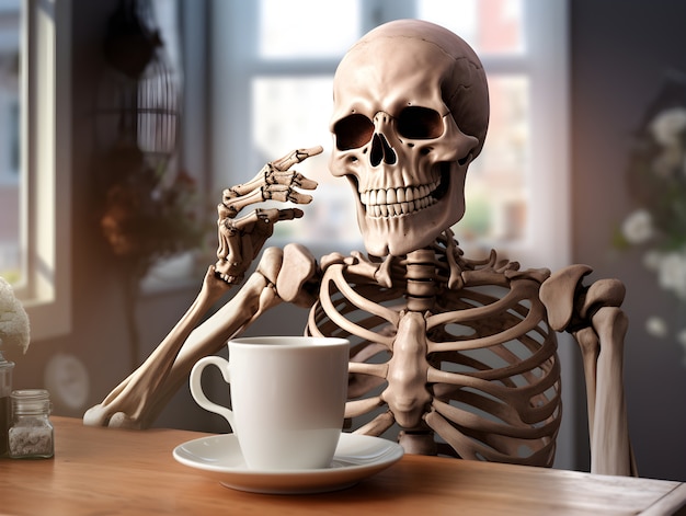 Kostenloses Foto skelett trinkt kaffee