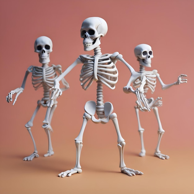 Kostenloses Foto skelett und skelett vor orangefarbenem hintergrund 3d-rendering