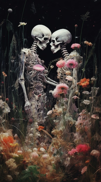 Skelettpaar posiert mit Blumen