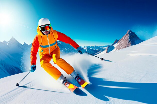 Skifahrer, der an einem sonnigen Tag einen schneebedeckten Berg fährt