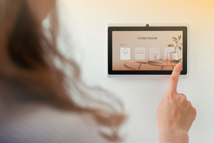 Kostenlose Foto smart home-innovationstechnologie mit frau mit bedienfeld