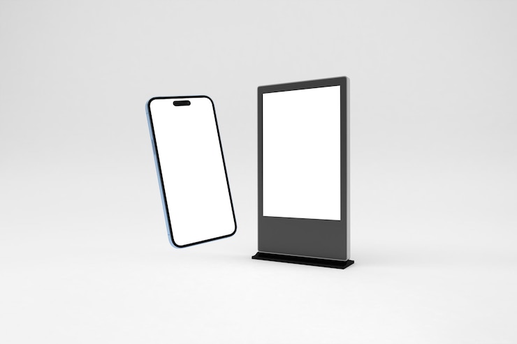 Kostenlose Foto smartphones und digital signage mit leeren bildschirmen für werbung und produktpräsentation