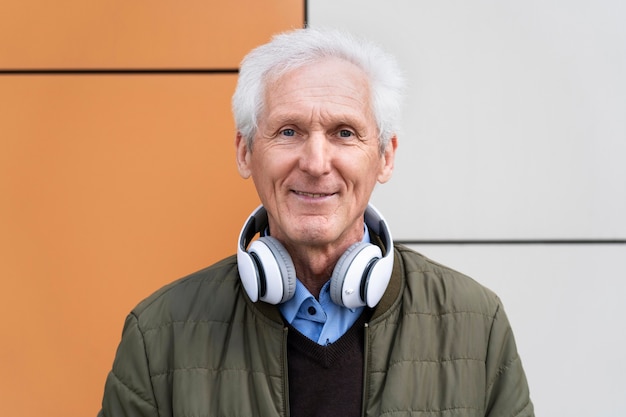 Smiley älterer Mann in der Stadt mit Kopfhörern