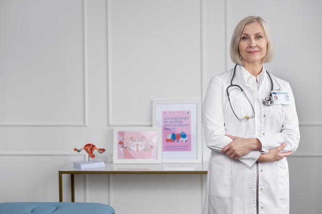 Kostenloses Foto smiley-arzt in der klinik, mittlerer schuss