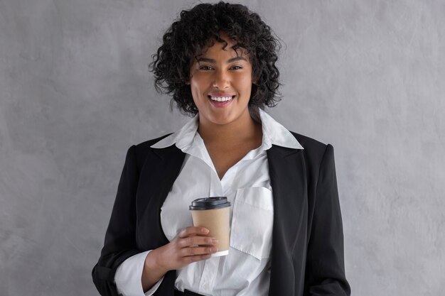 Smiley-Frau der Vorderansicht mit Kaffeetasse