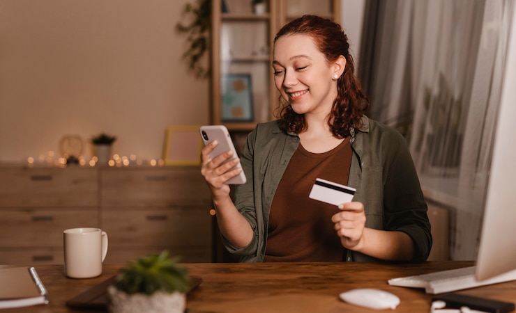 Kostenlose Foto smiley-frau, die ihr smartphone zu hause mit kreditkarte verwendet