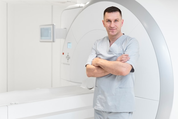 Smiley-Krankenschwester mit mittlerer Aufnahme im CT-Scan-Raum