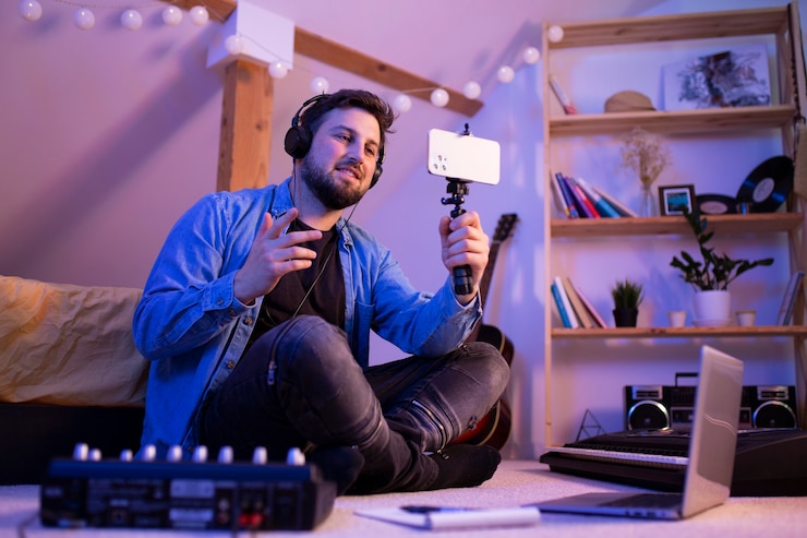Kostenlose Foto smiley-mann der seitenansicht, der musik macht