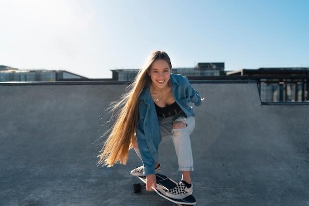 Kostenloses Foto smileymädchen auf skateboard im freien voller schuss