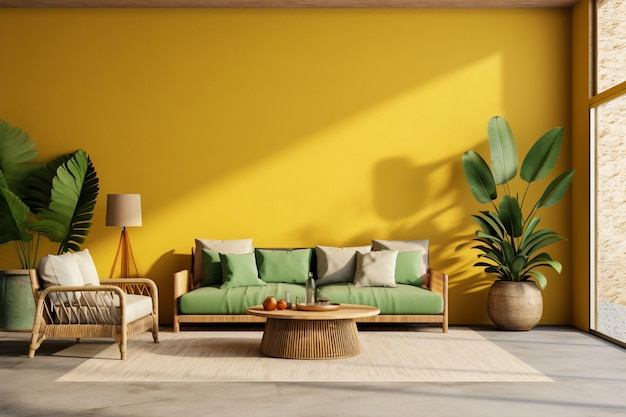 Sofa in einem Wohnzimmer, das mit brasilianischem Folkloredesign dekoriert ist