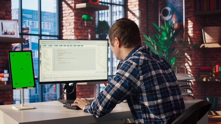 Kostenlose Foto software-ingenieur bei der pc-codierung, der software mit einem isolierten bildschirm-tablet erstellt