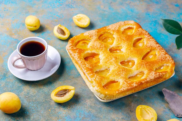 Sommer Aprikosenkuchen hausgemachte köstliche Fruchtdessert. Aprikosentarte. Früchtekuchen.