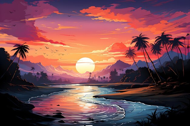 Sommer-Cartoon-Strand Sonnenuntergang Design