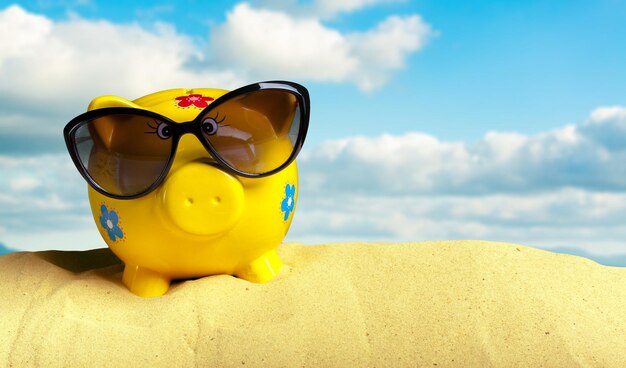 Sommersparschwein mit Sonnenbrille am Strand