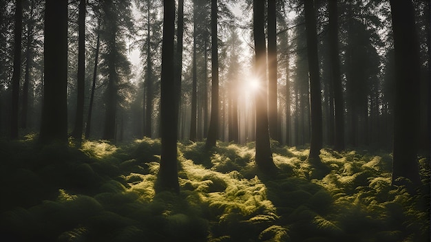 Kostenloses Foto sonnenaufgang in einem dunklen wald mit farnen und farnen